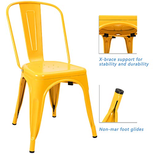 Image of Devoko Metal Indoor-Outdoor Chairs Distressed Style Kitchen Dining Chairs Stackable Side Chair with Back Set of 4 (Yellow)