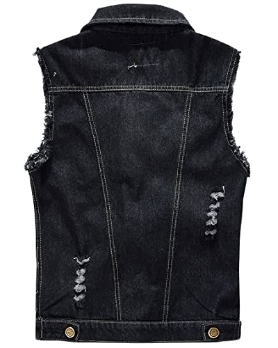 Image of ebossy Men's Ripped Distressed Denim Vest Sleeveless Button Up Jean Vest Jacket (Medium, Solid Black)
