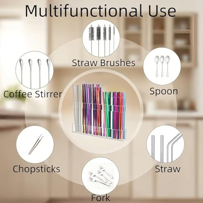 Acrylic Straw Holder for Cabinet Door - Reusable Straw Organizer with Strong Adhesive, Space for Kitchen Counter Cupboard