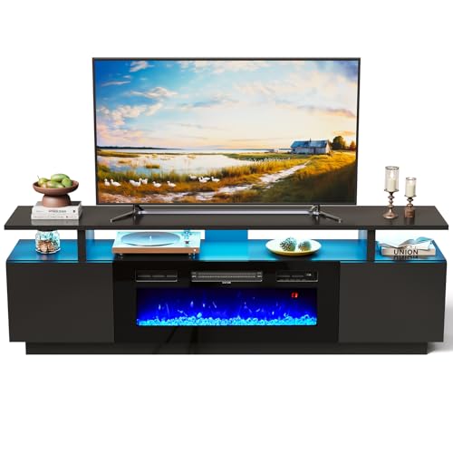 INMOZATA Electric Fire Insert TV Stand, 180cm Media Console Storage Table & 92cm Electric Fireplace with Remote Control, 12 LED Backlight, 12 Flame Colors, Adjustable Temperature, 900W&1800W-Black