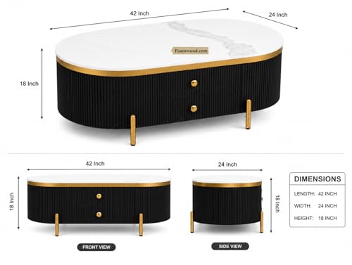 Image of Tesla Centre Table, 42x24x18 Inch, Nano Composite White Marble Top, Gold Accents, 2-Drawer Storage, Oval Design, Waterproof Plywood, PVD Legs, Modern Coffee Table for Living /Entryway