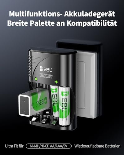 EBL Akku Ladegerät für AA AAA 9V NIMH Akkus, 4-Ladefach Smart Plug Batterieladegerät, Multi-Schutz, LED-Anzeige, Schnellladegerät für AA AAA 9V
