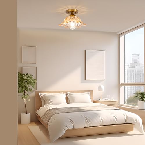 Image of Semi Flush Mount Ceiling Light,Vintage Lights Fixture Ceiling Amber Shade Glass, E26 Ceiling Light Fixtures for Closet Kitchen Bedroom, Bulb Included