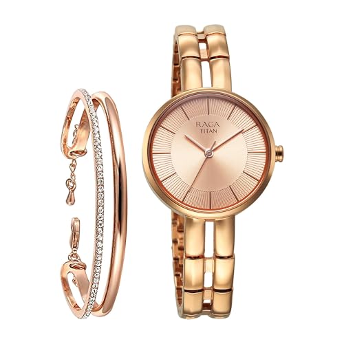 Image of Titan Raga Contempore Rose Gold Dial Brass Strap Watch for Women - 95310WM01F