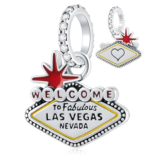 2025 Welcome to Las Vegas Charms, 925 Sterling Silver American Nevada Dangle Bead fit Pandora Heart Bracelet, Travel Landmark Charms Gifts for Vacation/Birthday/Graduation2