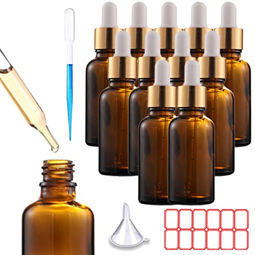 TOKINCEN 12Stk 30ml Pipettenflasche Bernsteinfarbene Glasflaschen Öl Flaschen Apothekerflasche mit Glaspipette, Tropfflasche aus Braunglas für ätherische Öl Aromatherapie Verwenden Cover