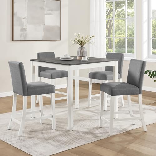 Image of KEIKI 5-Piece Counter Height Dining Table Set with Square Table and 4 Upholstered Curved Backrset Chair, for 4 Person, Modern Wooden Table Set, Easy Assembly, for Kitchen, Dining Room, White+Gray