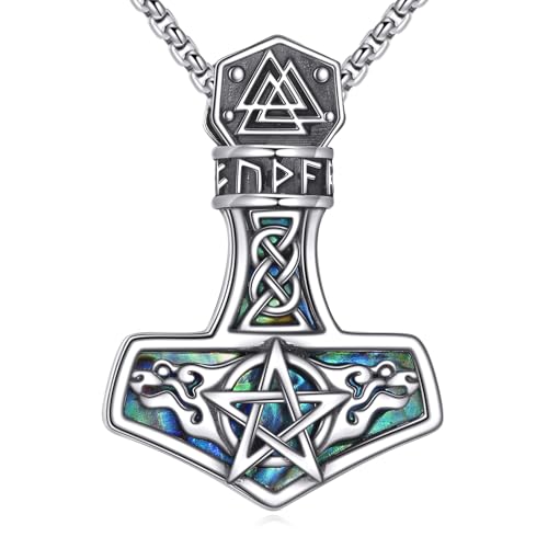 Thor Hammer Necklace Sterling Silver Abalone Shell Mjolnir Pendant Norse Viking Amulet Jewelry Gifts for Men Women
