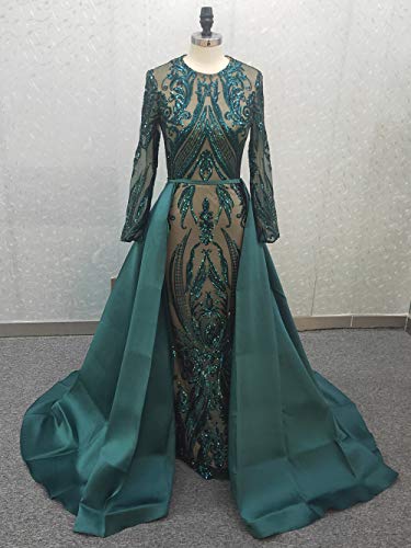 Kumeng Green/Burgundy/Navy Blue Sequined Satin Mermaid Prom Evening Party Dress Celebrity Pageant Gown Detachable Train (Green, 8) #TOP2