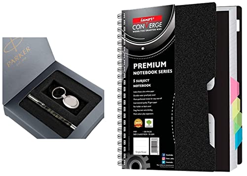 Image of Parker Vector Spark Black Special Edition Roller Ball Pen Gift Set - with Round Key Chain & Luxor 5 Subject Single Ruled Notebook - A4, 70 GSM, 300 pages