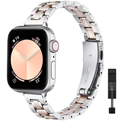 Image of STIROLL Thin Replacement Band Compatible for Apple Watch 49mm 46mm 45mm 44mm 42mm(Series 3 2 1), Stainless Steel Metal Wristband Women Men for iWatch Ultra SE Series 11 10 9 8 7 6 5 4, Silver Rose Gold(No Case)
