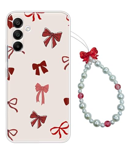 Image of Printed Back Cover for Samsung Galaxy A15 5G Back Case with Phone Charm Chain Strap Beads & Pearls for Girls Stylish - Maroon Bows tie Girls Phone Cases Design - D17027