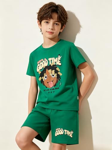 Image of Size 6-12 Years Boys Summer Outfits Set Kids Short Sleeve Top T-Shirt & Shorts Color Block Clothing Sets