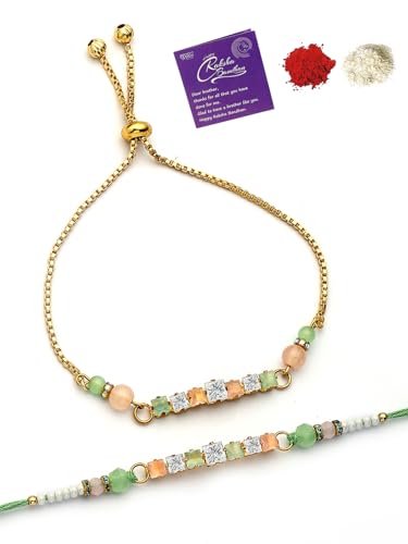 Image of Sukkhi Rakhi Most Beautiful Floral with Gold Plated Rakshabandhan Combo Lumba Rakhi for Bhiaya Bhabhi Brother with Roli Chawal & Greeting Card|Set of 2