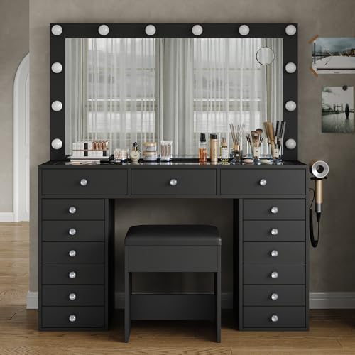 Yanosaku 15 Drawers Makeup Vanity with Charging Station, Vanity Desk with 12 LED Bulbs and HD Mirror, 3 Color Brightness Adjustable, Vanity Set for Bedroom, Black