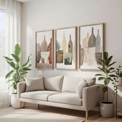 Image of Livin'luxe Set of 3 Abstract Bottle Wall Art Premium MDF Wooden Color Framed HD UV Printed Modern Minimal Decorative Painting for Living Room Bedroom Home Decor 13.5 Inch x 19.5 Inch