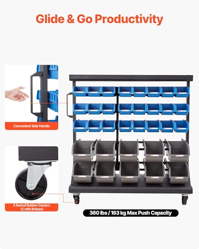 Image of VEVOR 5-Tier Double-Sided Rolling Bin Storage Rack, 68 Plastic Bins, Dual-Sided Parts Organizer with Wheels, Mobile Tool Organizer for Garage, Warehouse, Office, Restaurant, Classroom, Kitchen