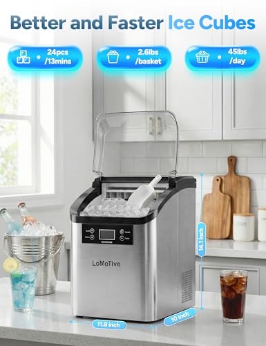 Image of 45Lbs /Day Ice Makers Countertop (Clear Ice Cube Maker) | 24Pcs in 13 Mins,6 Ice Thickness,Self-Priming Water Supply,Self-Cleaning,Harder Clearer Slower Melting Ice Cubes