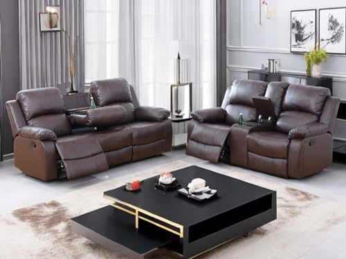 Dekmxas Brown Recliner Sofa Set Manual Reclining Couch Set Living Room Furniture Set Bonded Leather Sofa and Loveseat Set with Cup Holders/Storage Console for Home/Office/Rv Car (Brown, Sofa+Loveseat)