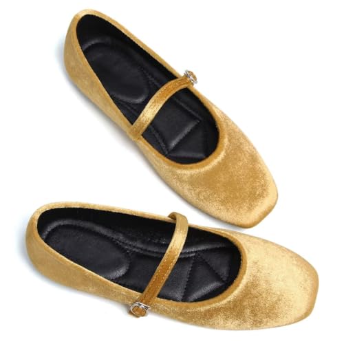 Stunner Velvet Flats for Women Women's Mary Jane Shoes Retro Square Toe Ballet Flats Comfortable Buckle Strap Flat Shoes Gold 42(9.5) 22