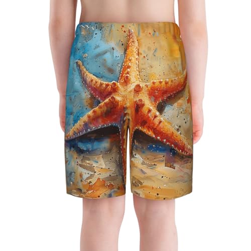 Boys Beach Board Shorts Swim Trunks Teen Kids Quick Dry Bathing Suits, Watercolor Starfish Cool4