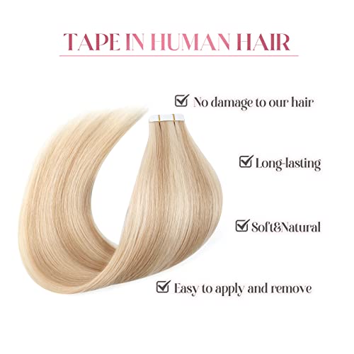 Image of Sixstarhair Highlight Blonde Tape in Hair Extensions Human Hair Tape Extensions Dark Dirty Blonde Mixed with Ash Blonde P12-60 Remy Human Hair Premium Hair Extensions [Color P12-60 22inch]