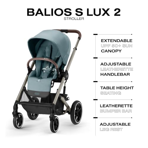 Image of Cybex Balios S Lux Toddler and Baby Stroller with Reversible Seat, Unique One-Pull Harness, and Multiple Recline - Travel System Ready, with One Hand Fold, Taupe Frame /Sky Blue Seat