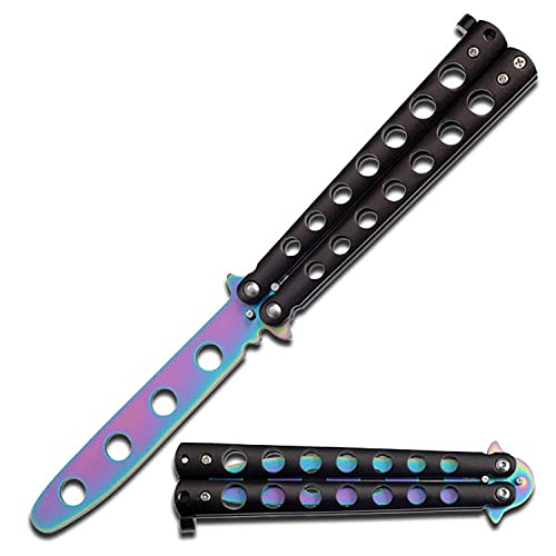 Master BladesUSA - Butterfly Training Knife - Rainbow Stainless Steel Unsharpened Blade, Black Aluminum Handle, Safely Learn to Use and Train w/a Butterfly Knife- YC-306RB - Self Defense, Training