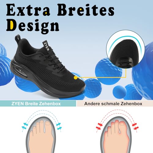 ZYEN Damen breite füße Schuhe, luftgepolsterte extra breite Schuhe, atmungsaktive Sportschuhe, leichte und Bequeme Damen-Laufschuhe, Sneaker für das Training im Fitnessstudio 8832 All Black 37
