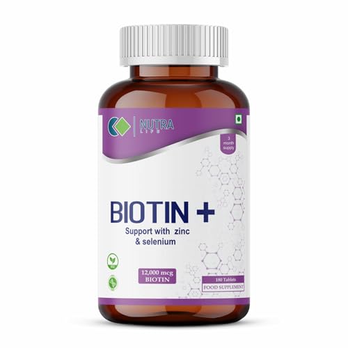 Biotin with Zinc & Selenium Tablets - Thicker Hair and Fuller Beard - Faster Nail Growth - Healthy Skin - for Men & Women - Max Strength Hair Vitamins -12000 mcg X 180 Tablets-Nutra Life