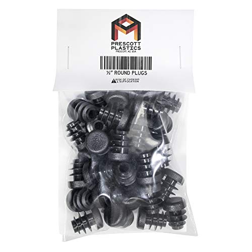 Image of Prescott Plastics 1 /2 inch (12.7mm) Outer Diameter Ribbed Plastic Hole Plugs, Round Black Metal Tubing End Caps, Strong Furniture Leg Inserts, Impact & Weather Resistant, Made in the USA - 50 Pack