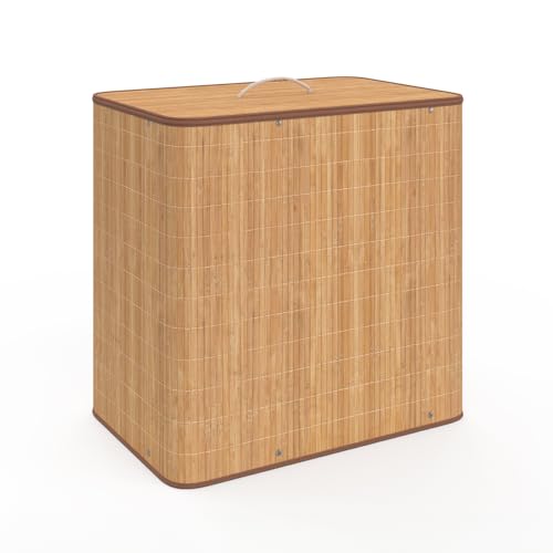 IDMarket Alba - Cesta de lavandería (3 bandejas extraíbles, bambú, tela cruda)