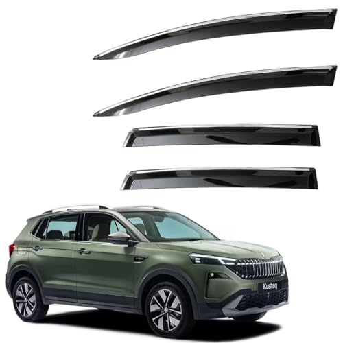 Image of CAR SAAZ Unbreakable Chrome Smoke Door Visor for Kushaq (2026-Present) | Premium Sun, Rain Wind Deflector Chrome Strip Side Door Rain Visor - Set of 4 Pcs
