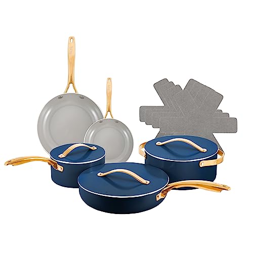 TAAZZMART Ceramic Nonstick Cookware Set Pots and Pans with Lids (12 pcs) Aluminum Oven and Dishwasher Safe (Blue-TM Set)