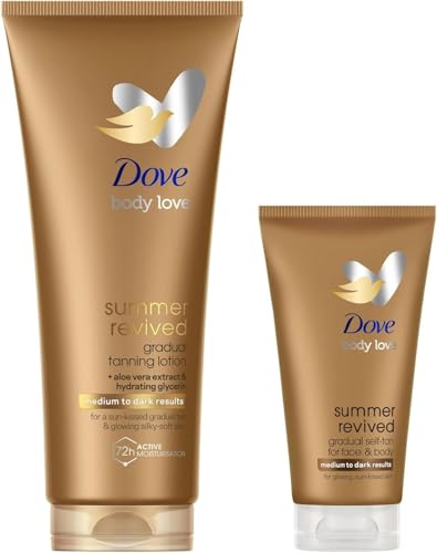 Dove Kit Selbstbräunungslotion Summer Revived Für Gesicht und Körper Mittlere und Dunkle Hauttypen Stufenweise Bräune Strahlende Haut 72H Feuchtigkeit Mit Aloe Vera 1x 200 ml + 1x 75 ml