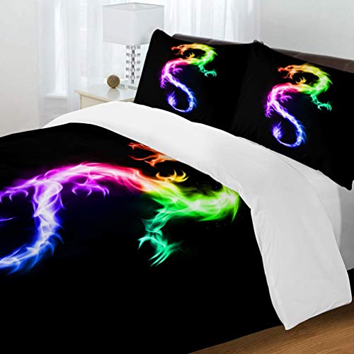 Patatino Mio Animal Prints Duvet Cover Sets Queen Size 3D Flying Dragon With Wings Blue Fire Bedding Set For Adults Boys And Girls 3 Pieces With 1 Duvet Cover 2 Pillowcase Background Black #TOP2