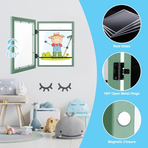 Image of [2-Pack] Kids Art Frames, 8.5x11 Front Opening Kids Artwork Frames Changeable, Olive Green Artwork Display Storage Frame for Wall, Holds 50 Pcs, for 3D Picture, Crafts, Children Drawing, Hanging Art,