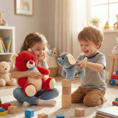 Image of Tabitha Stuffed Toys - Ultra Soft Plush Toy for Kids | Birthday Gifts for Kids and Girls | (Combo of 2 Toys 30 Cm Red Teddy & 25 Cm Grey Dog)