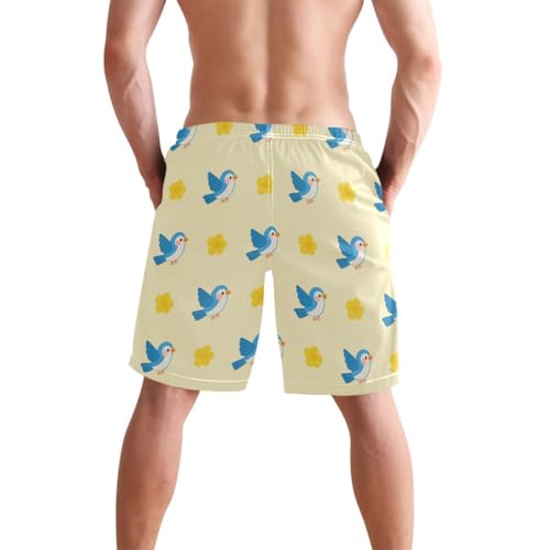 Cute Bird Flowers Floral Yellow Mens Swim Trunks Quick Dry Beach Shorts with Pocket S 23022413
