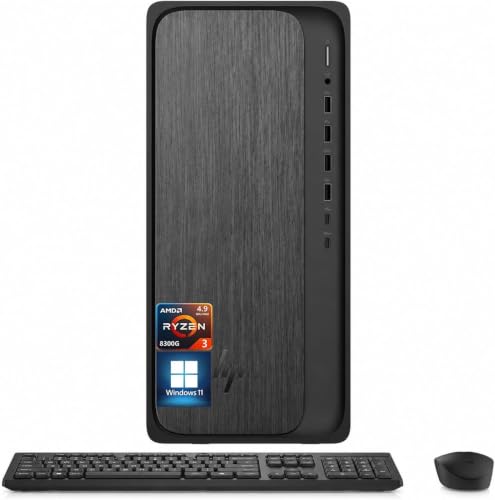 Image of HP OmniDesk Tower Desktop PC, AMD Ryzen 3 8300G 4‑Core Processor up to 4.9GHz, 8GB DDR5 5200MHz RAM, 256GB PCIe SSD, AMD Radeon 740M, Wi‑Fi 6, Windows 11 Home, Gray Wood, Keyboard & Mouse