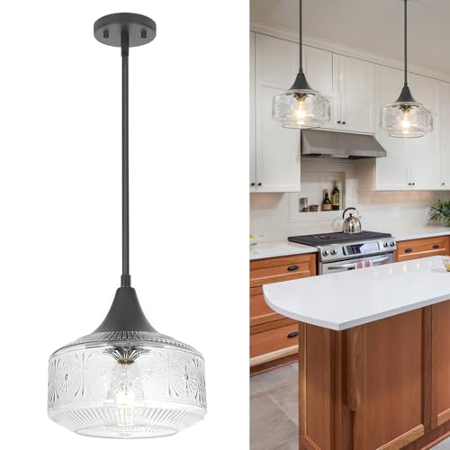 Black Pendant Lights Kitchen Island, Pendant Light with Large Thickened Glass Lampshade, Vintage Pendant Light Hanging Light Fixture for Dining Room Hallway Bedroom, E26 Base & Adjustable Cable