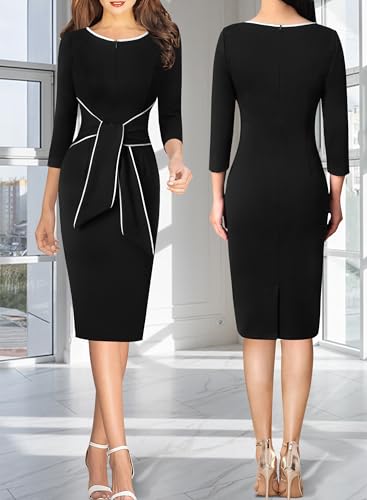 Image of VFSHOW Womens Front Zipper Tie Waist Bow 3 /4 Sleeve Slim Fitted Work Business Office Party Bodycon Pencil Sheath Dress