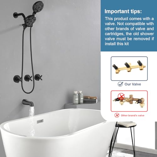 Image of 3 Handles Shower Faucet Set with Tub Spout Bathtub Shower Faucet Combo Set Shower Systems Complete Tub and Shower Trim Kit Matte Black