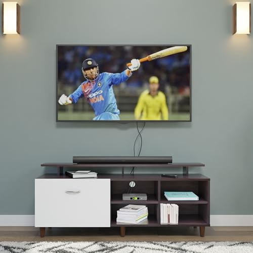 Image of VIKI Modern TV Unit for Living Room | Engineered Wood TV Cabinet with 1 Drawer Storage, 2 Open Shelves & Extension, Entertainment Unit, 140W x 48H x 40D cm | DIY | 1 Year Warranty (Wenge & White)