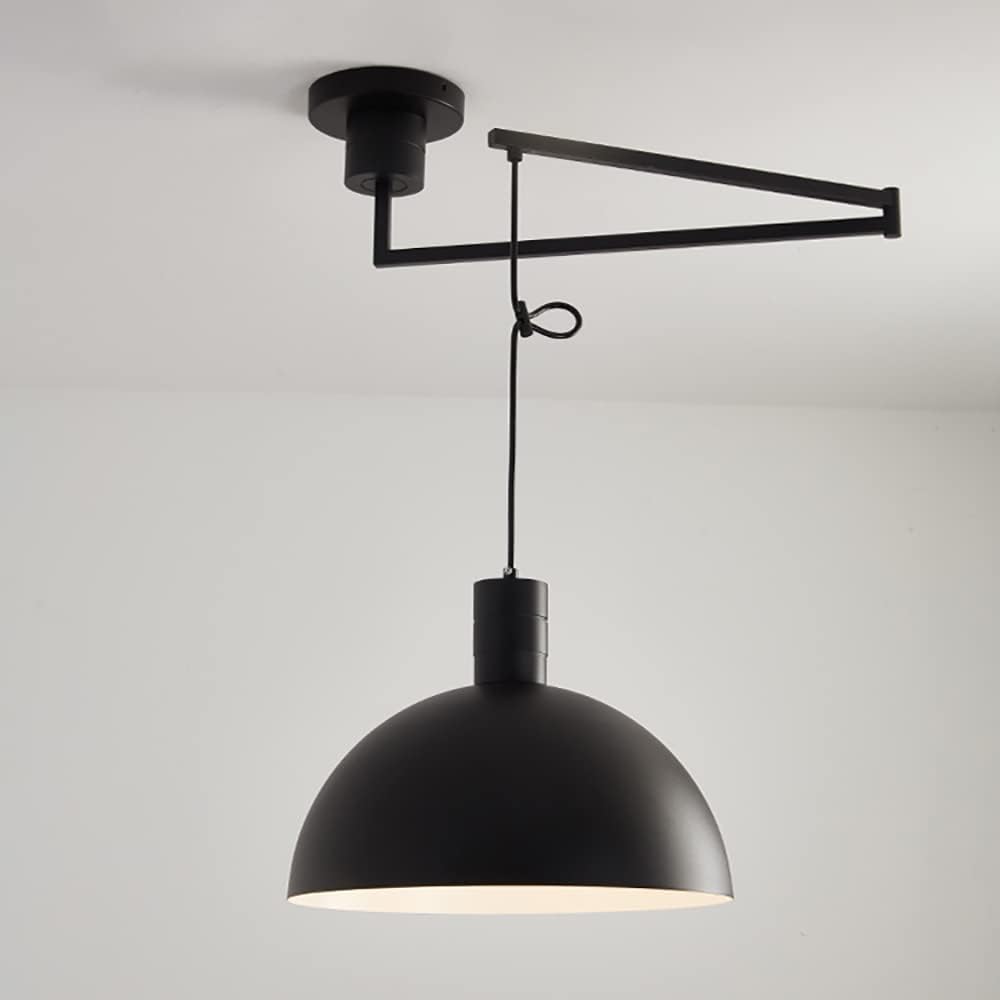 Industrial Pendant Light Fixture, Swing Arm Hanging Light, Adjustable Dome Ceiling Pendant Light for Dining Room Living Room in Black