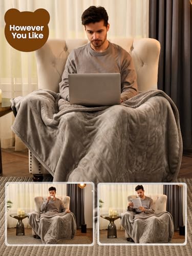 Image of Bearhug Electric Blanket Throw Size, 50 inch x 60 inch Heated Blanket with 6 Heating Levels & 4H Auto Shut-Off, Machine Washable Soft Velvet to Sherpa Reversible Heated Throw for Office, Couch and Sofa Taupe