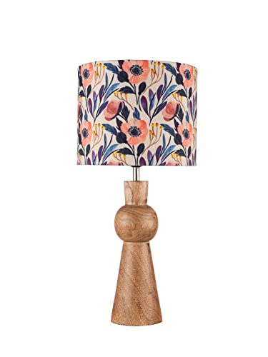 Image of Green Girgit Wooden Skirt Lamp with Multicolor Pink Flowers Shade