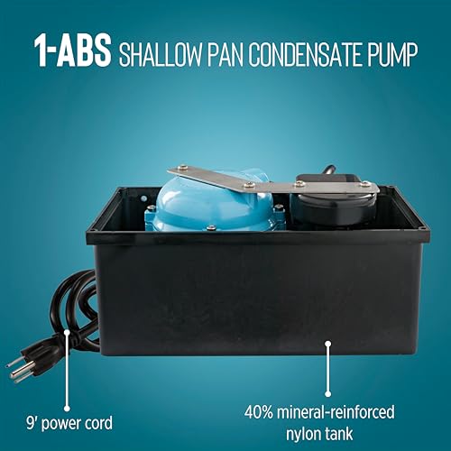 Image of Little Giant 1-ABS 115-volt, 1 /150 HP, 205 GPH Automatic Shallow Pan Condensate Removal Pump for Ceiling Mounted Air Conditioners or Dehumidifiers, with Condensate Collection Tank, Black /Blue, 550522