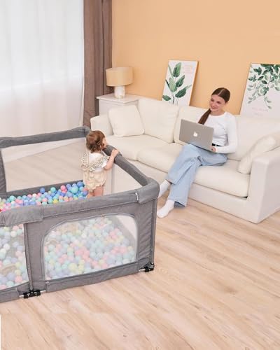 Image of Veraste Foldable Baby Playpen with Gate, Extra Large Collapsible Play Yard for Babies & Toddlers, Portable Travel Playpen, Baby Activity Center for Indoor & Outdoor Use (Grey 51 inchx51 inch)