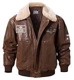 FLAVOR Chaqueta bomber de piel auténtica para hombre con cuello de piel extraíble (L, Marrón)